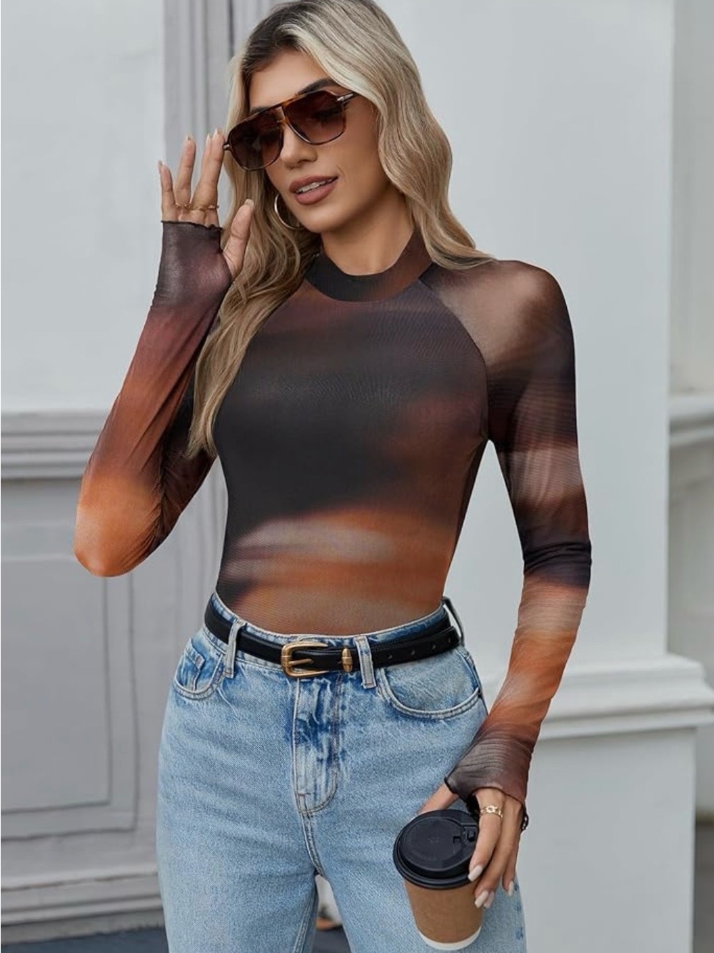 Sheer Long-Sleeve Mesh Top in Brown Ombre